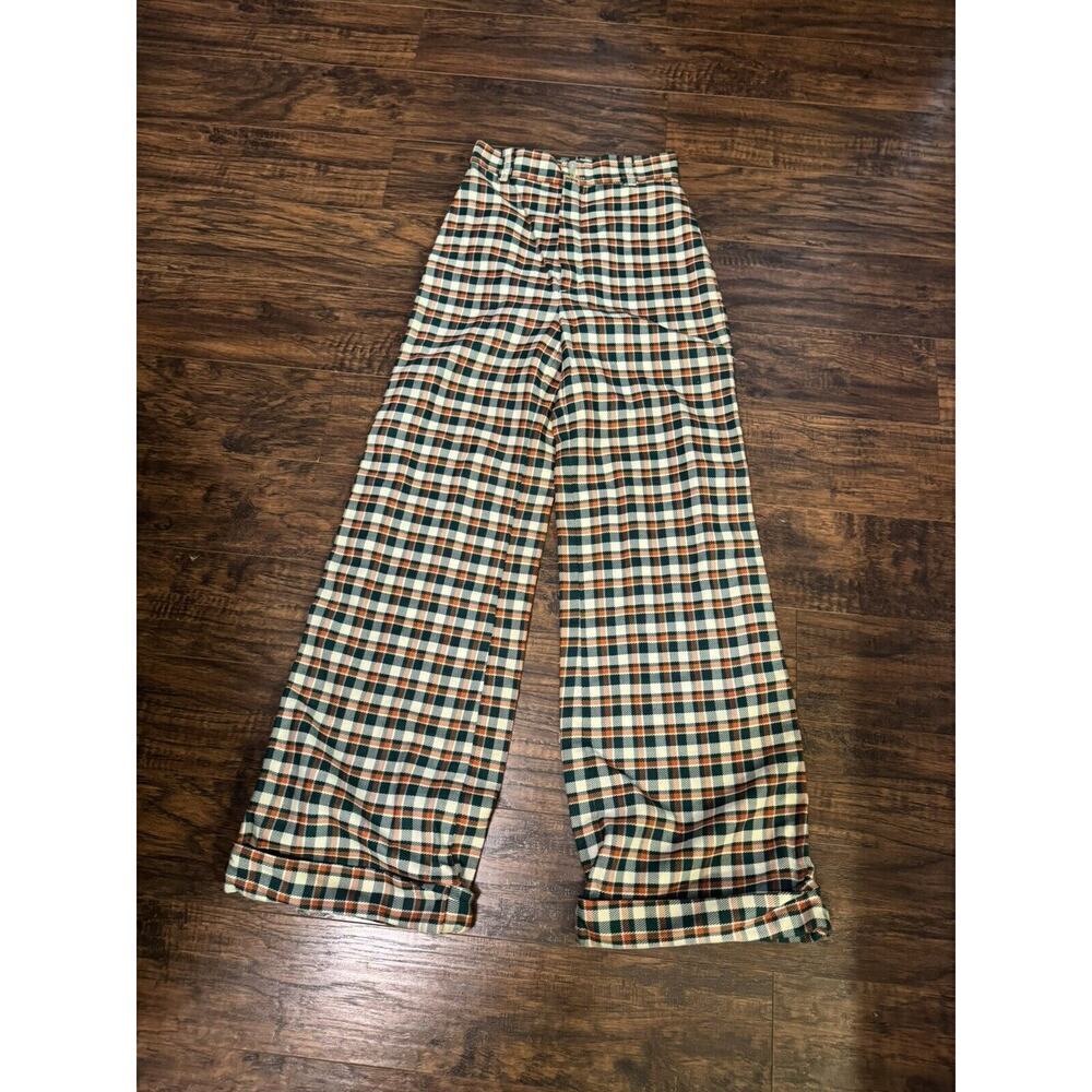 VTG 70s Plaid Wide Pants Sears Jr Bazaar Bell Bottom High Waist Hippie Boho Sz:0